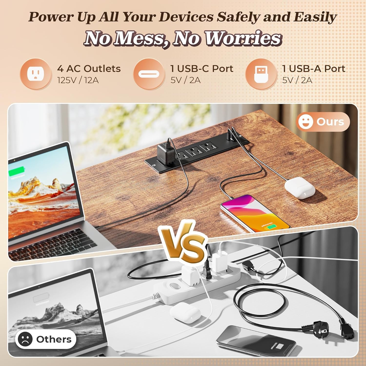 61" L Shaped Desk with Power Outlets and USB-C Port, Reversible Computer Corner Office Desk with 4 Fabric Drawers and 2 Height-Adjustable Shelves, Large for Gaming Writing Study, Rustic Brown