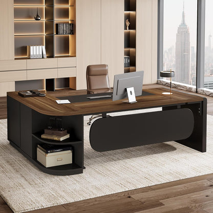 81-Inch L-Shaped Office Desk, Large Commercial Office Desk with Drawers and File Cabinet, Modern Professional Business Furniture Workstations with Storage Shelves, Brown & Black