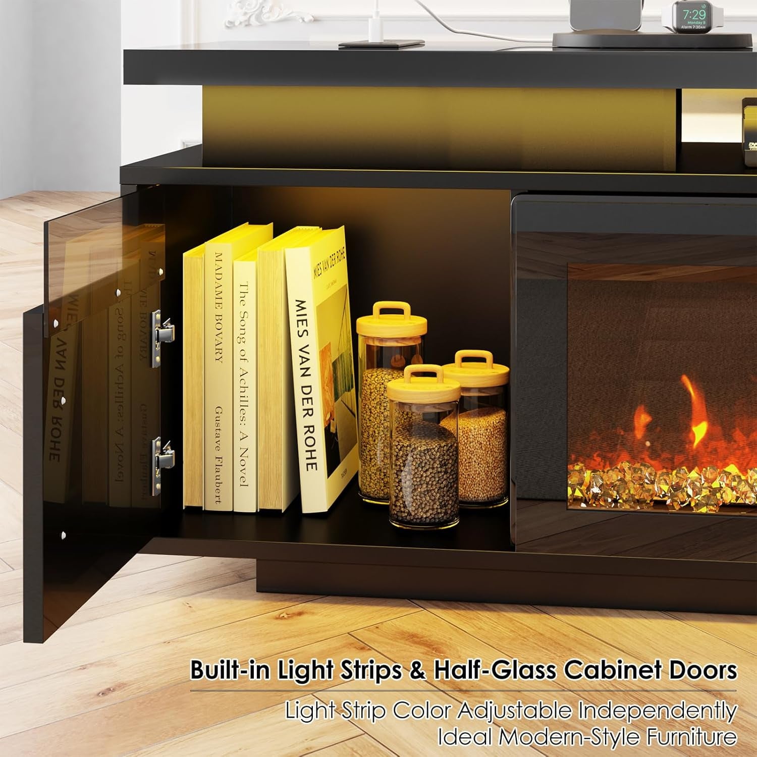 TV Stand with Fireplace, 67In Entertainment Center with Opening Shelves Modern Storage Cabinets and LED Lights, for 80 Inch Tvs, for Living Room, Black