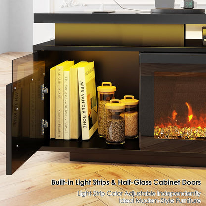 TV Stand with Fireplace, 67In Entertainment Center with Opening Shelves Modern Storage Cabinets and LED Lights, for 80 Inch Tvs, for Living Room, Black