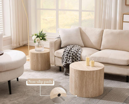 round Wood Nesting Coffee Table Set of 2, Modern Circle Travertine End Side Table Sets for Living Room, Light Wooden Color/No Assembling