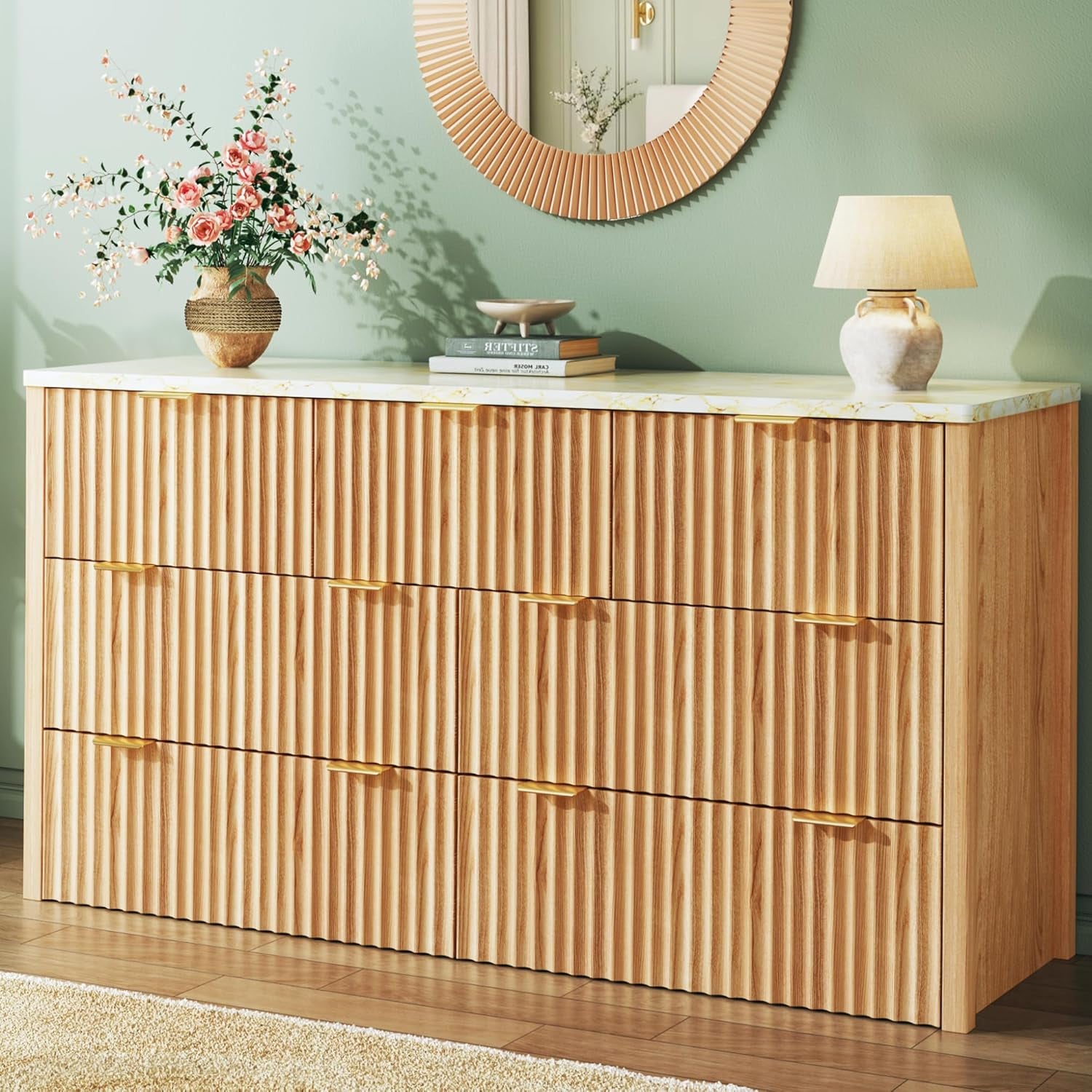 Fluted Dresser for Bedroom with 7 Drawers, 53" Wide Mid Century Modern Dressers with Faux Marble Top & Metal Handle, Wooden Chest of Drawers TV Stand, Natural Oak