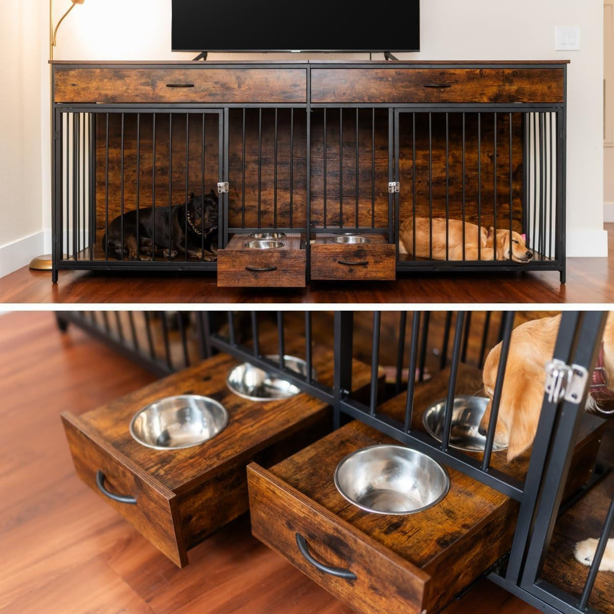 91.3" Double Dog Crate Furniture with Dog Feeder, Heavy Duty Indoor Dog Kennel TV Stand with Drawers, Sturdy Dog Kennel with Divider for 2 Medium Large Dogs, Brown