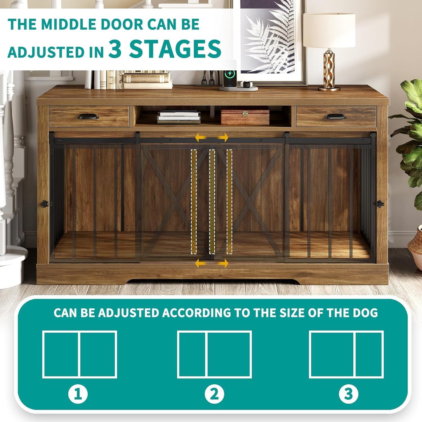 63 Inch Double Dog Crate TV Stand with Charging Station, Heavy Duty Wooden Cage Furniture for 2 Dogs, Dog Kennel Indoor Furniture Double Sliding Barn Door Design Ideal for 2 Dogs, Oak