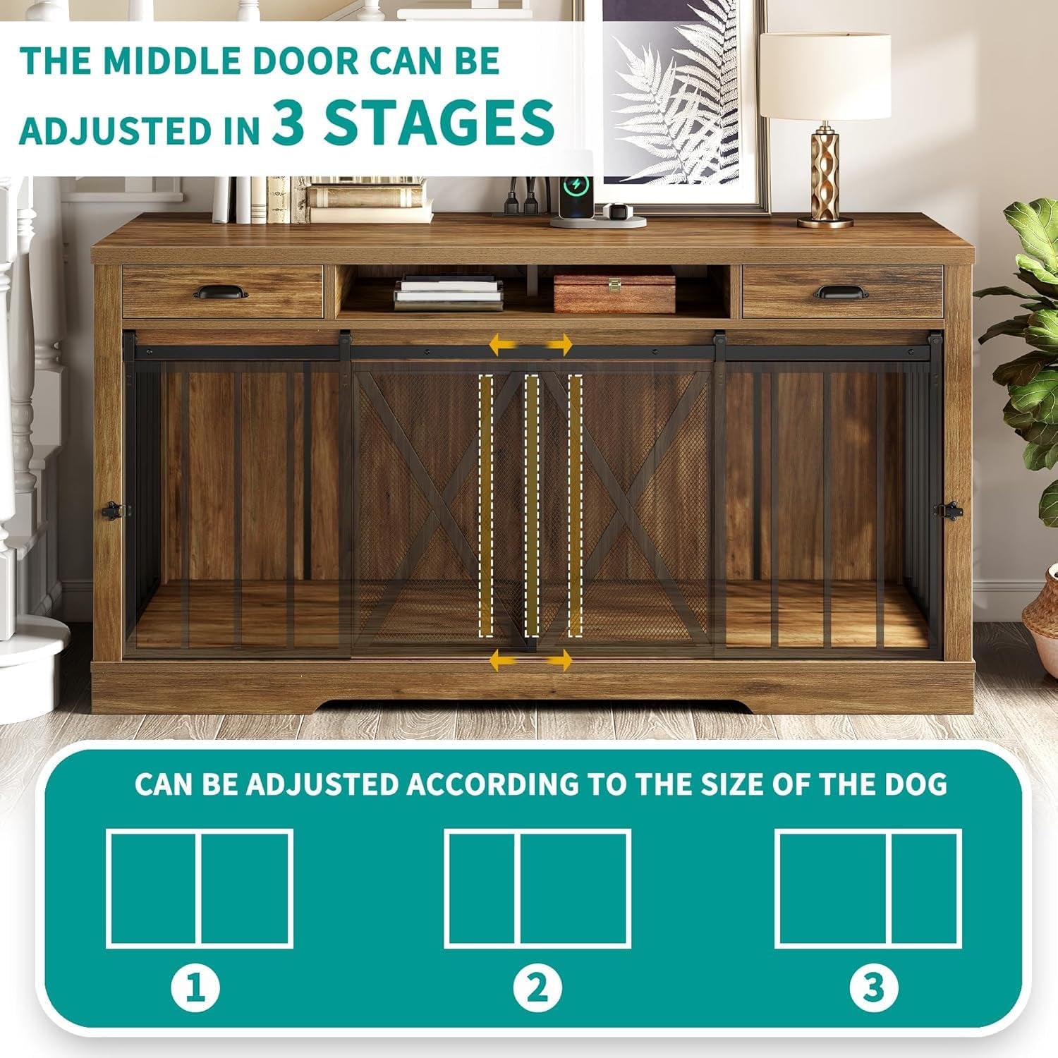 63 Inch Double Dog Crate TV Stand with Charging Station, Heavy Duty Wooden Cage Furniture for 2 Dogs, Dog Kennel Indoor Furniture Double Sliding Barn Door Design Ideal for 2 Dogs, Oak