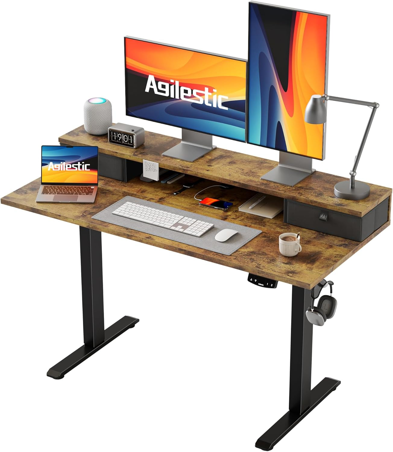 48 X 24 Inches Electric Standing Desk with 2 Storage Drawers, Adjustable Height Sit and Stand Computer Table with Splice Board, Rustic Brown