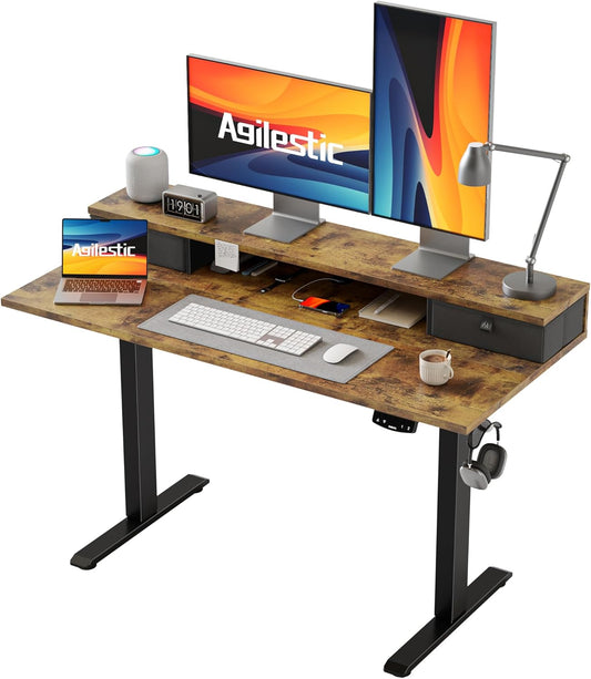 48 X 24 Inches Electric Standing Desk with 2 Storage Drawers, Adjustable Height Sit and Stand Computer Table with Splice Board, Rustic Brown