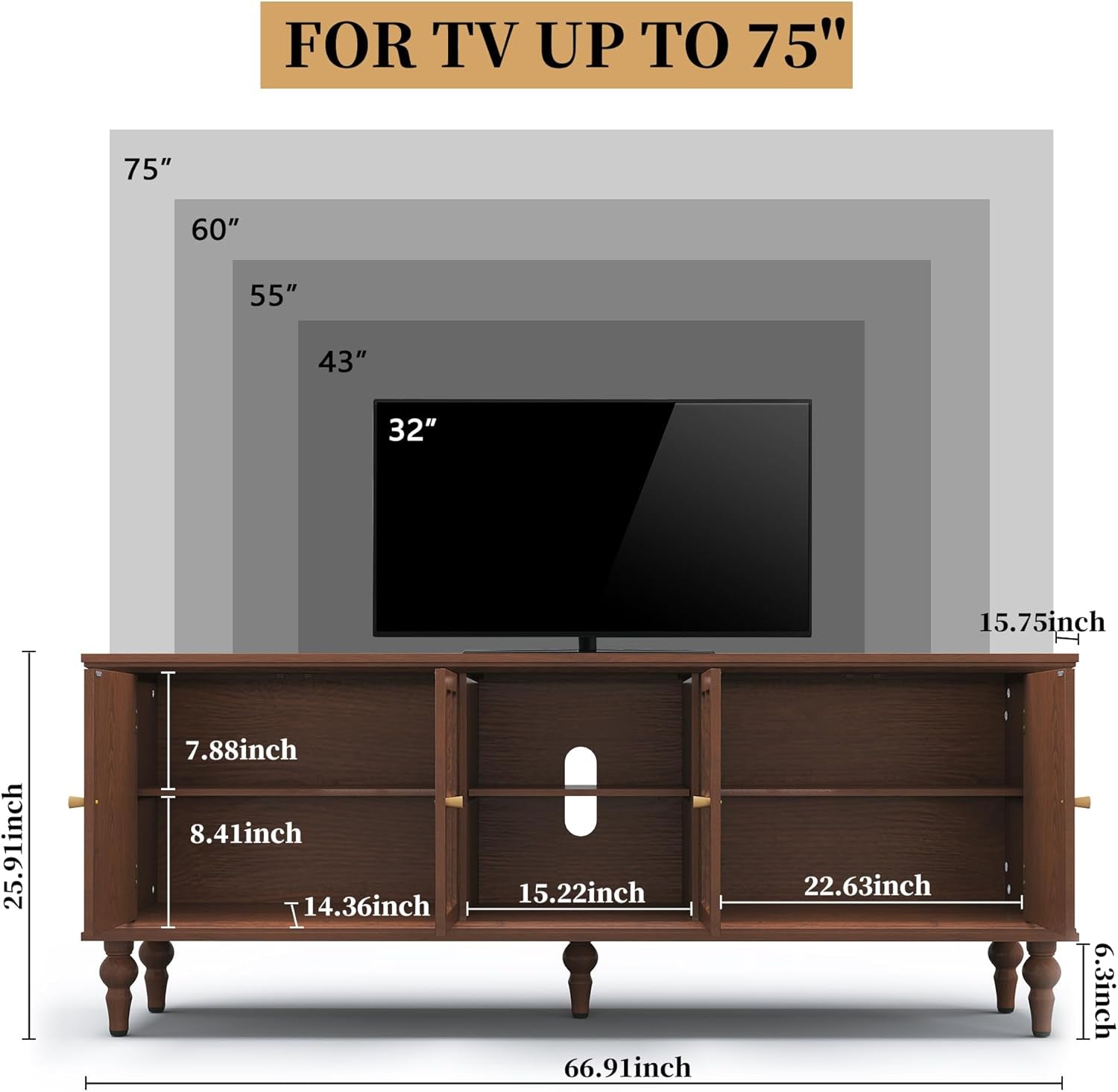 67" Mid Century Modern TV Stand with Window Design,Wood Entertainment Center with Open Shelf,Up to 70" Media TV for Living Room or Bedroom,Walnut