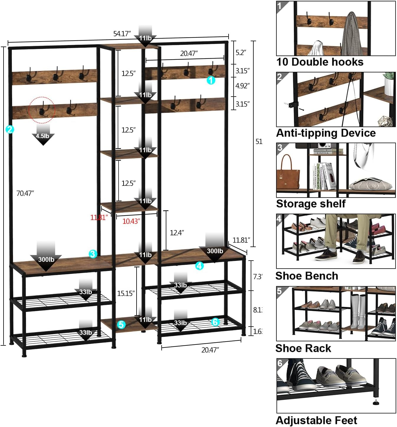 Corner Hall Tree with Shoe Rack Storage Bench Display Open Shelves Modern Industrial Entryway Coat Rack Stand for Home Living Room Mudroom Bedroom Multifunctional 5 in 1 (Rustic Brown)