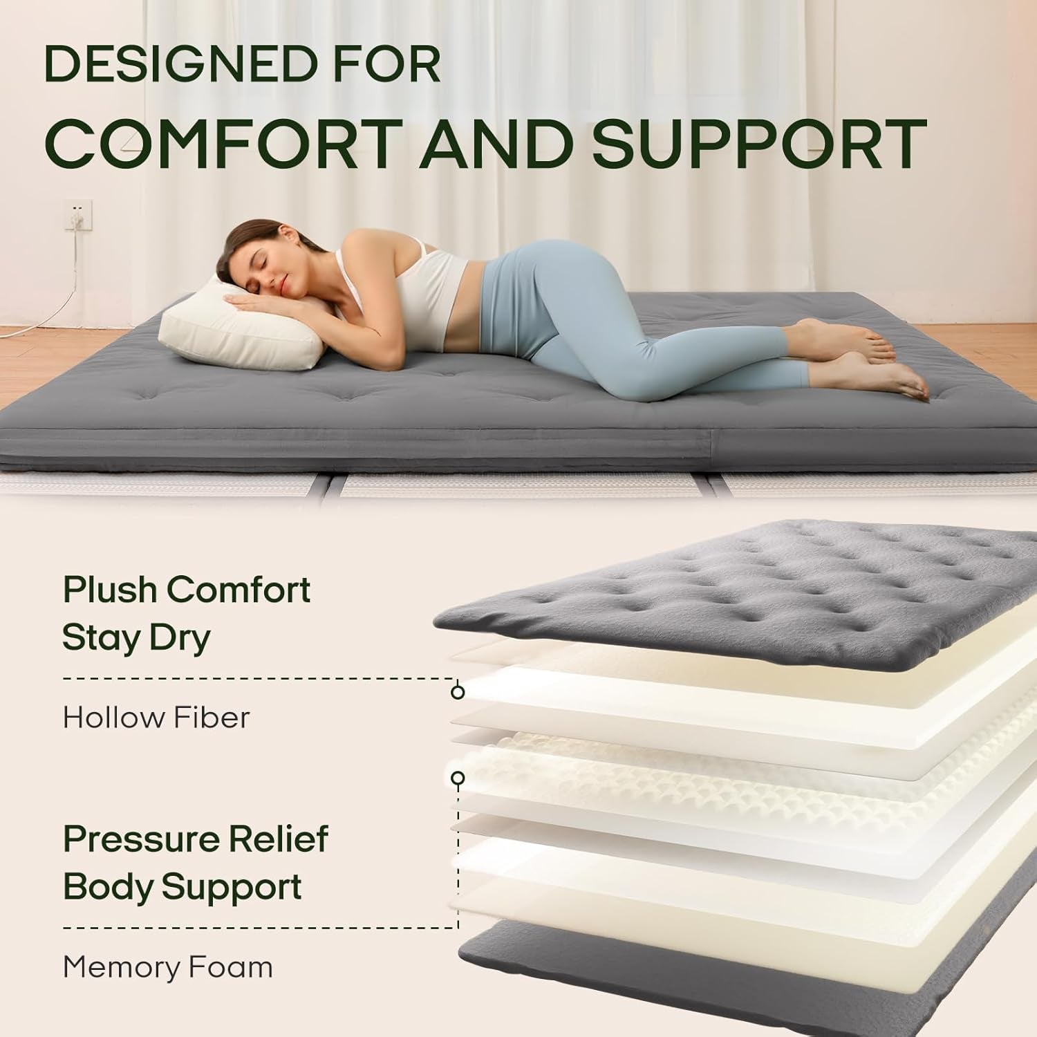Japanese Floor Futon Mattress Queen Size 80"X 60", 100% Cotton Cover 2.5'' Thicken Tatami Mattress, Foldable Sleeping Pad, Portable Dormitory Tatami Mat(Grey)