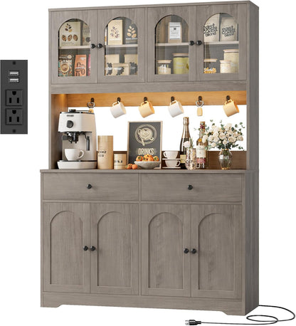 71" LED Kitchen Pantry Cabinet with Power Outlet, Large Kitchen Hutch Storage Cabinet with Arched Door, Shelves, 2 Drawer, Tall Farmhouse Coffee Bar W/Hutch for Home Dining Living Room, Ash Grey