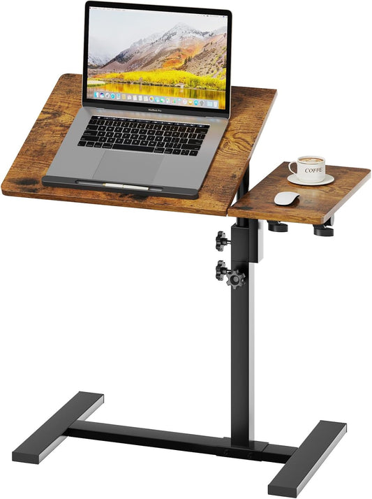 Laptop Desk Bedside Table with Wheels Laptop Stand for Couch Adjustable Tv Tray C End Table, Mobile Sofa Snack Table with Tiltable Top, Brown