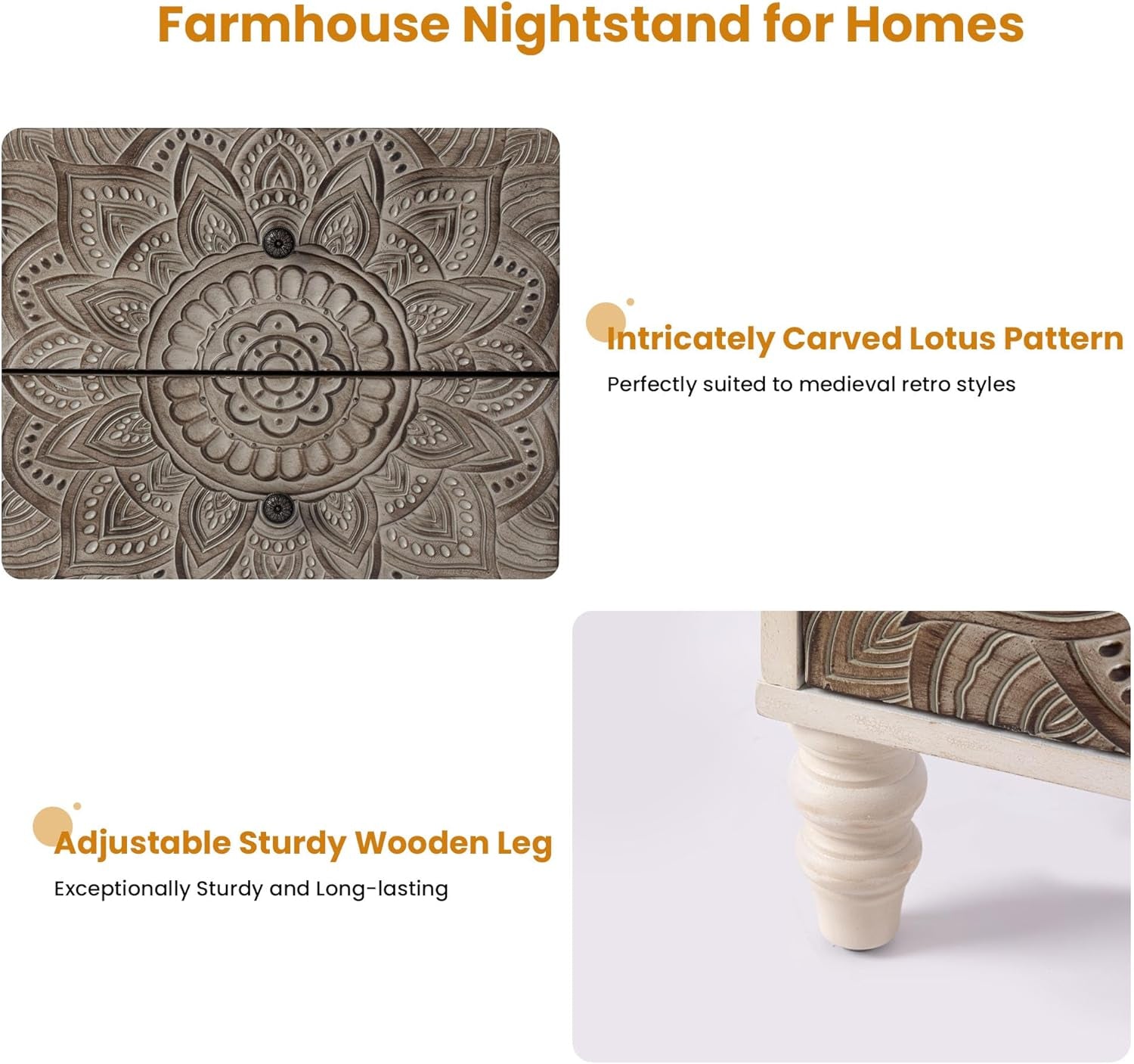 White Nightstands Set 2, Vintage Nightstands with 2 Drawers, Farmhouse Bedside Tables Set of 2, Easy to Assemble End Tables with Lotus Pattern for Small Spaces, Bedroom, Guest Room, White