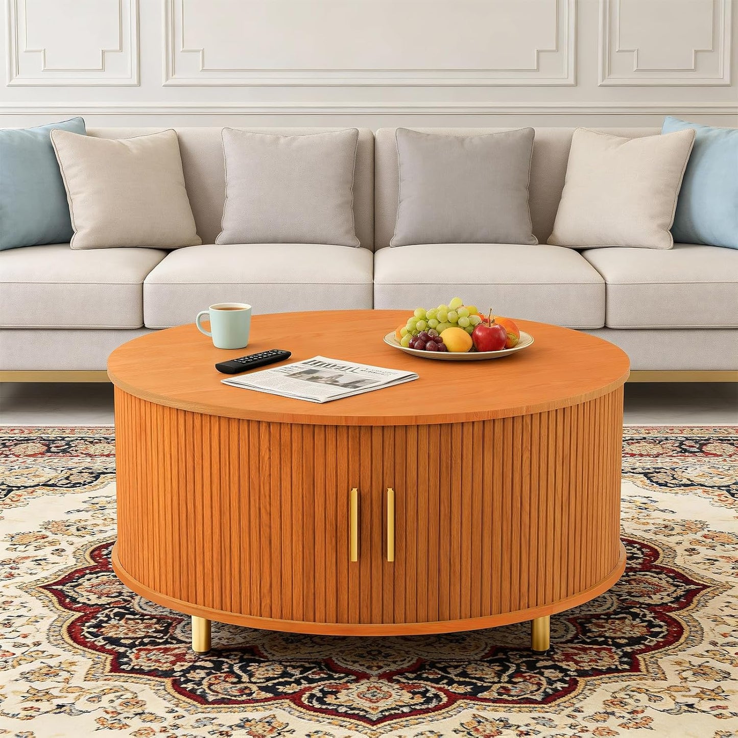 round Coffee Table, 31.5" Mid Century Modern Coffee Table with 360° Sliding Tambour Door, Fluted Accent Coffee Table with Storage,Adjustable Footpads for Living Room, Yellow Walnut