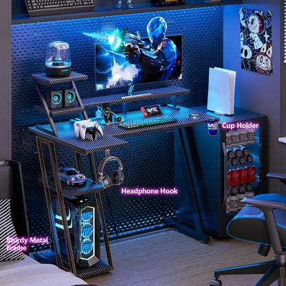39 Inch Gaming Desk with LED Lights & Power Outlet, Small Gaming Computer Desk with Storage Shelves, L Shaped Gamer Workstations with Monitor Stand for Bedroom, Carbon Fiber Black