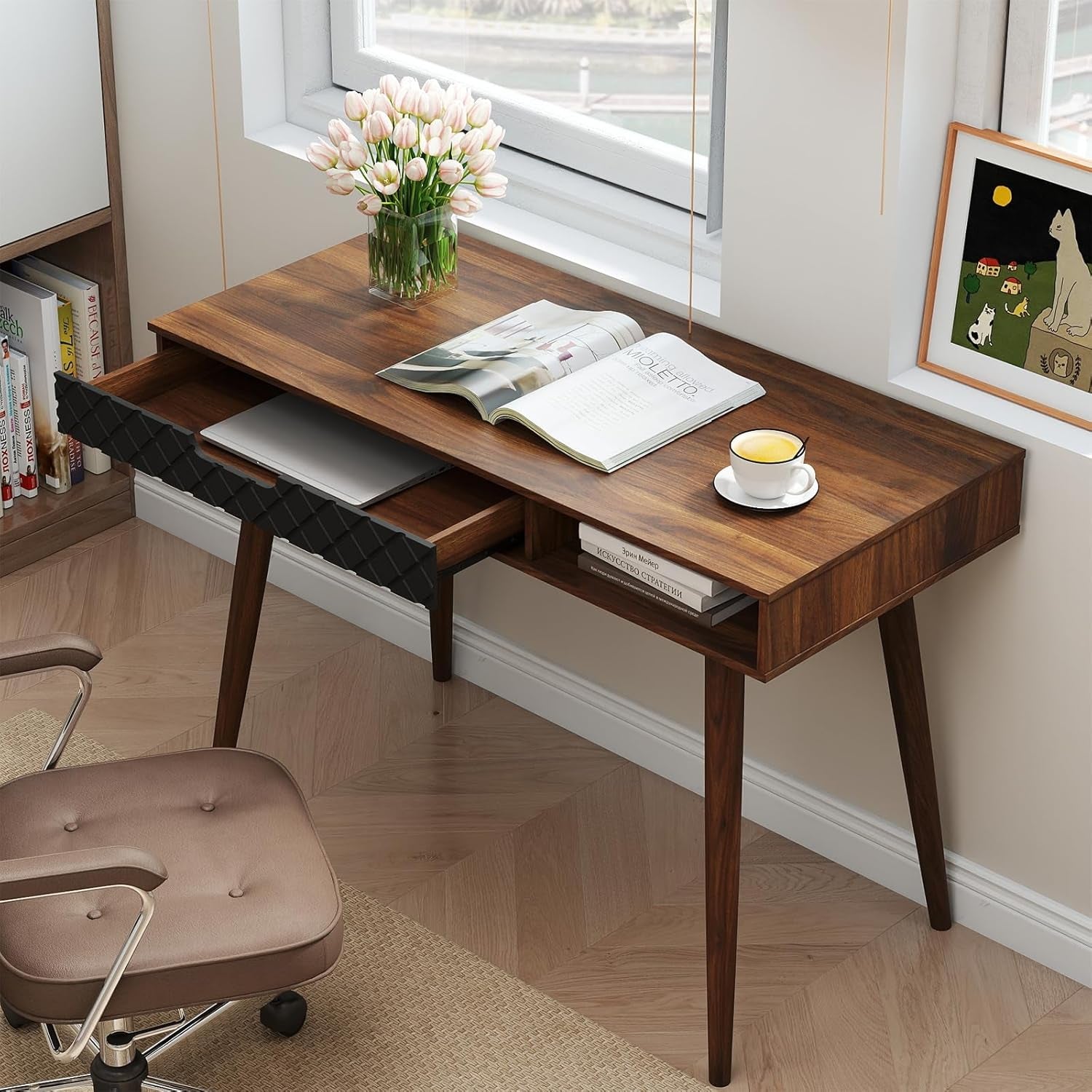 Mid-Century Modern Computer Desk, Home Office Desk W/Drawer & Open Compartment, Laptop PC Desk W/Rubber Wood Legs, Makeup Vanity Table, Vintage Writing Desk Workstation for Study, Bedroom