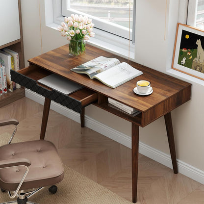 Mid-Century Modern Computer Desk, Home Office Desk W/Drawer & Open Compartment, Laptop PC Desk W/Rubber Wood Legs, Makeup Vanity Table, Vintage Writing Desk Workstation for Study, Bedroom
