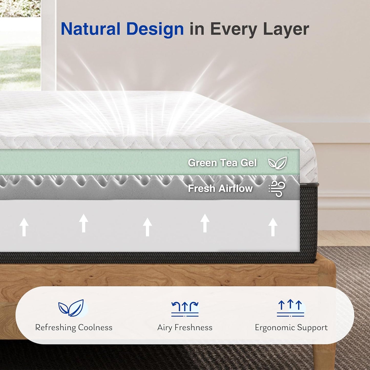 Queen Memory Foam Mattress, 12 Inch Queen Size Mattress in a Box, Green Tea Gel Infused Foam for Pressure Relief and Cool Sleep, Foam Made in USA, Certipur-Us Certified, Medium Firm