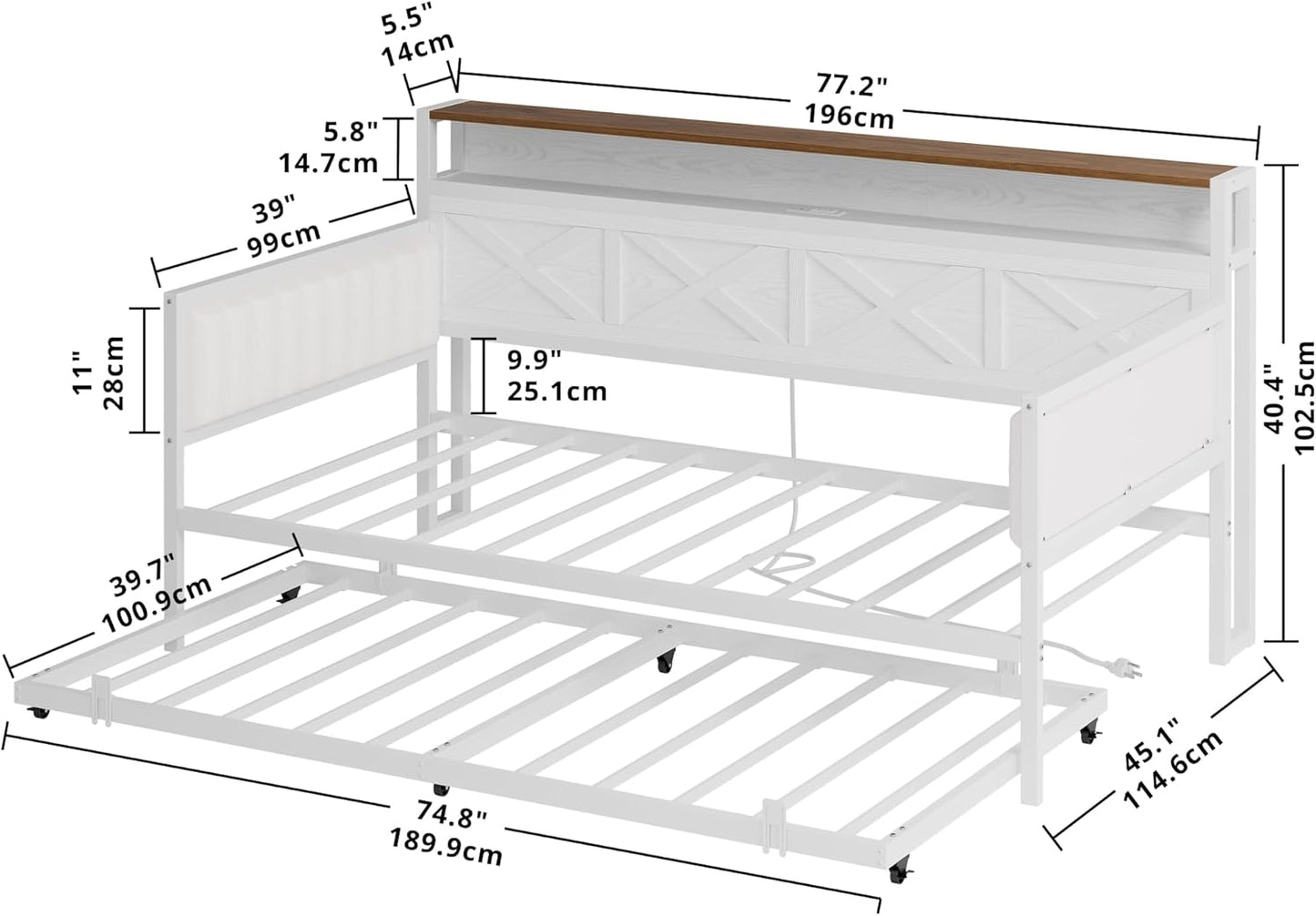 Daybed with Trundle, Sturdy Metal Twin Bed Frame with X-Shaped Frame, Upholstered Farmhouse Daybed with Charging Station for Living Room, Bedroom, and Guest Room, White/Walnut