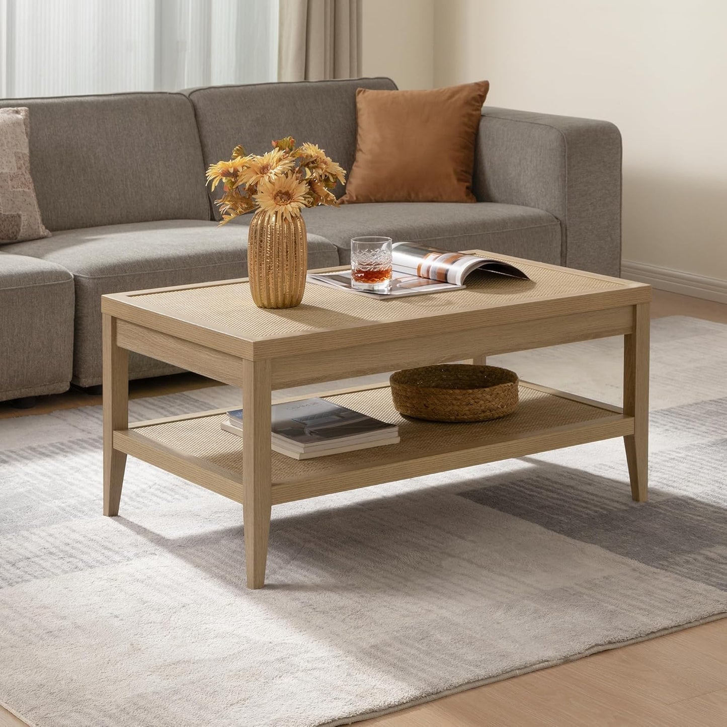Rattan Coffee Table for Living Room - Boho Rectangular Dining Center Table with 2 -Tiers Rattan Storage Shelf, Farmhouse Accent Table for Living Room, Home Office, Light Oak