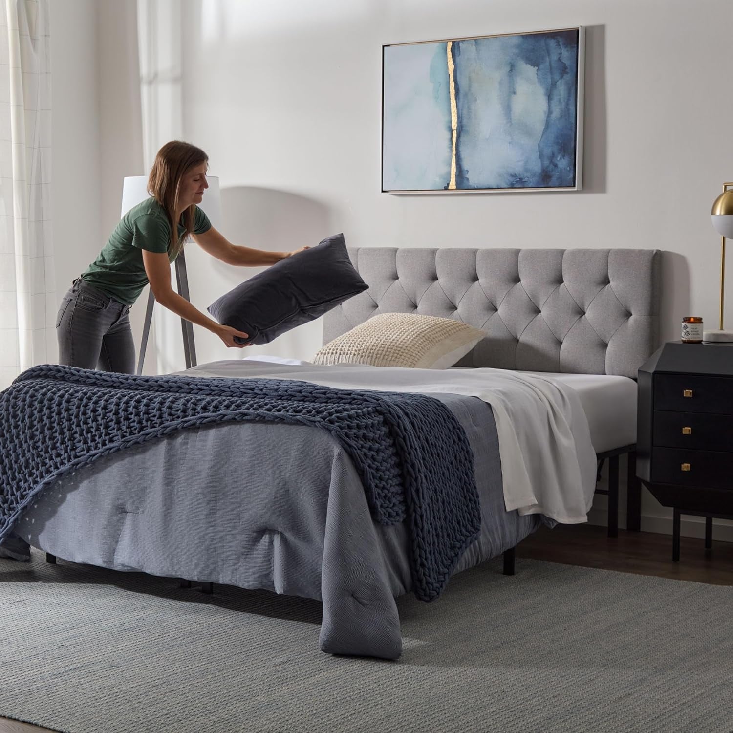 Mid-Rise Upholstered Headboard - Diamond Tufted - Padded Polyester - Adjustable Height from 34” to 46” - Easy Assembly - Bed Frame or Wall Mount - Sturdy - Stone - Full / Full XL Size