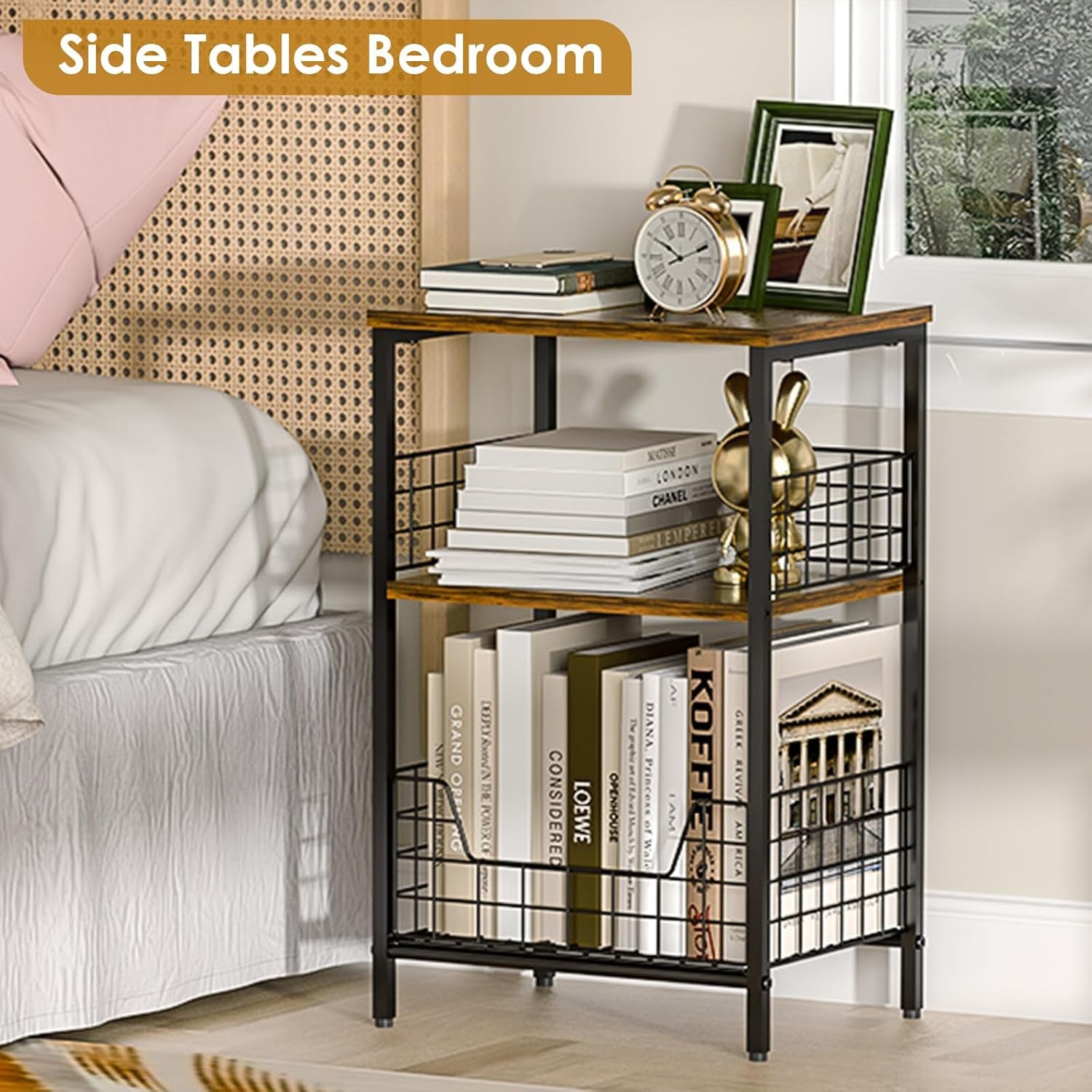 Side Table, Small End Table Record Player Stand with Storage, Vinyl Record Storage Night Stand for Living Room, Bedroom,Office(Patent Pending)(Rustic Brown & Black)