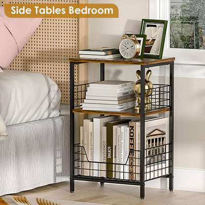 Side Table, Small End Table Record Player Stand with Storage, Vinyl Record Storage Night Stand for Living Room, Bedroom,Office(Patent Pending)(Rustic Brown & Black)