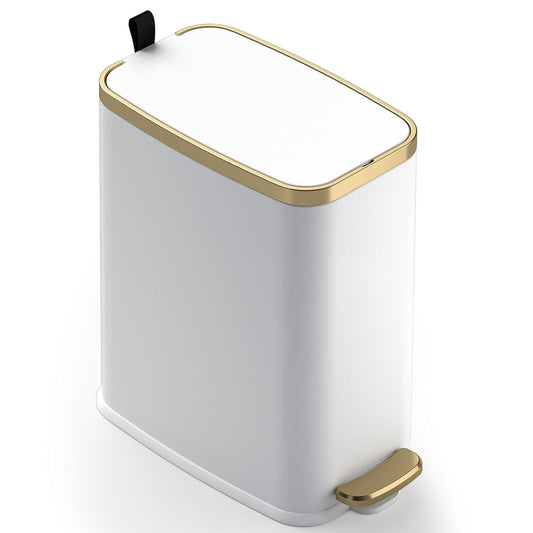 Small Bathroom Trash Can with Lid Soft Close-5L/1.3 Gal Stainless Steel Garbage Can-Step Pedal Wastebasket Slim Trash Bin for Office, Bedroom, Toilet, Live Room-White