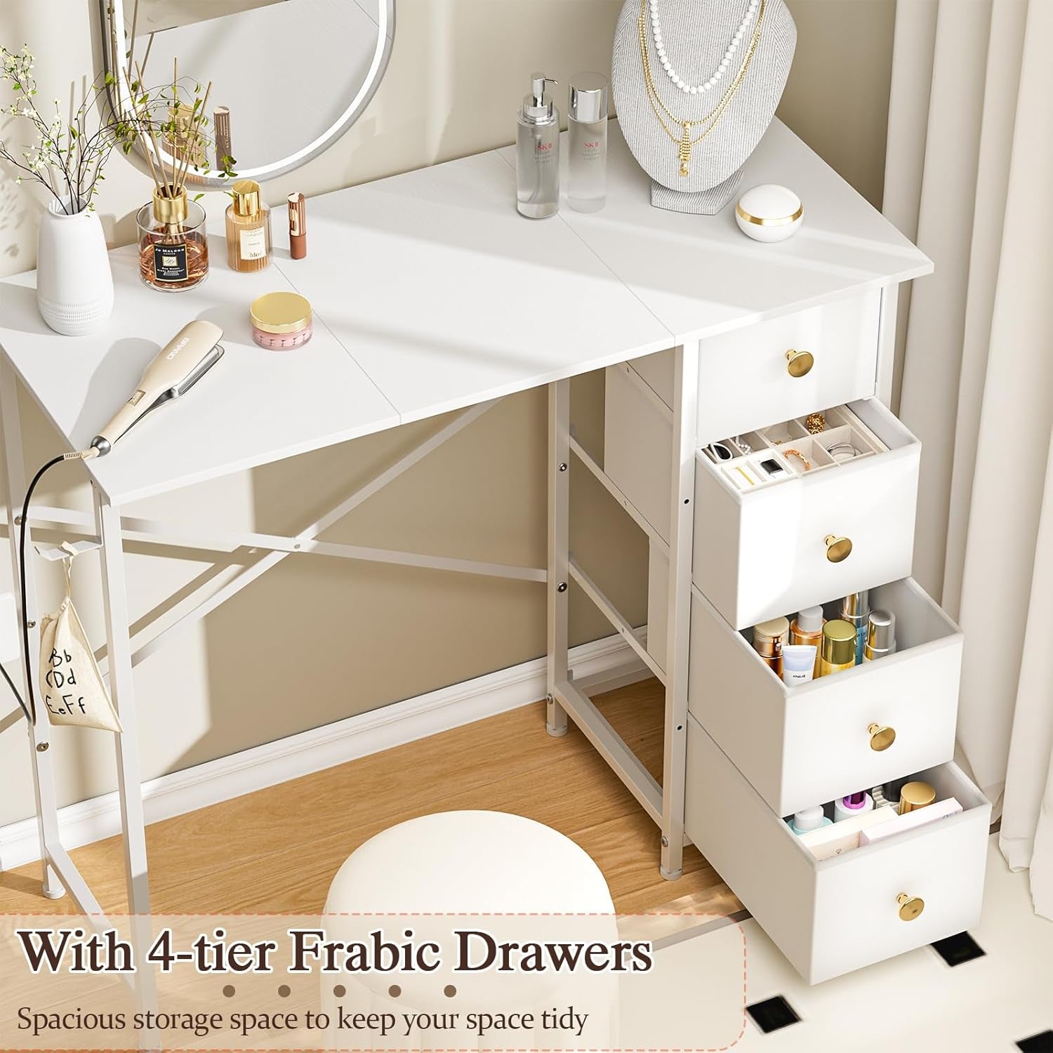 Vanity Desk No Mirror, Small Makeup Vanity with 4 Fabric Drawers, White Dressing Table for Small Spaces, 35.4 Inches Girls Makeup Table Bedroom