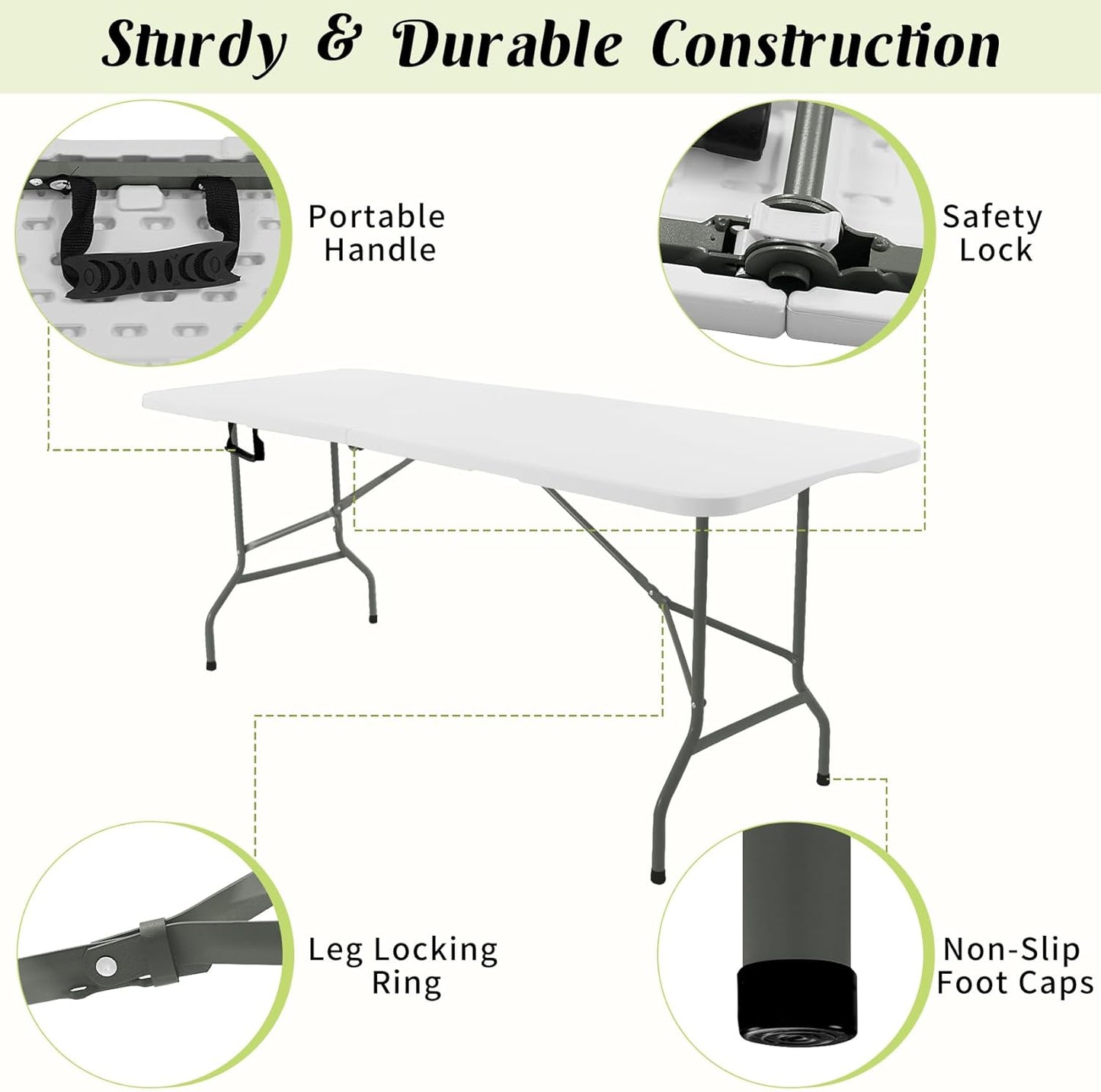 2 Pack 6 FT Folding Tables White Foldable Table, Fold-In-Half with Carrying Handle Portable Plastic Rectangular Table for Party, Dining, Wedding, Camping, Picnic, Indoor Outdoor Events