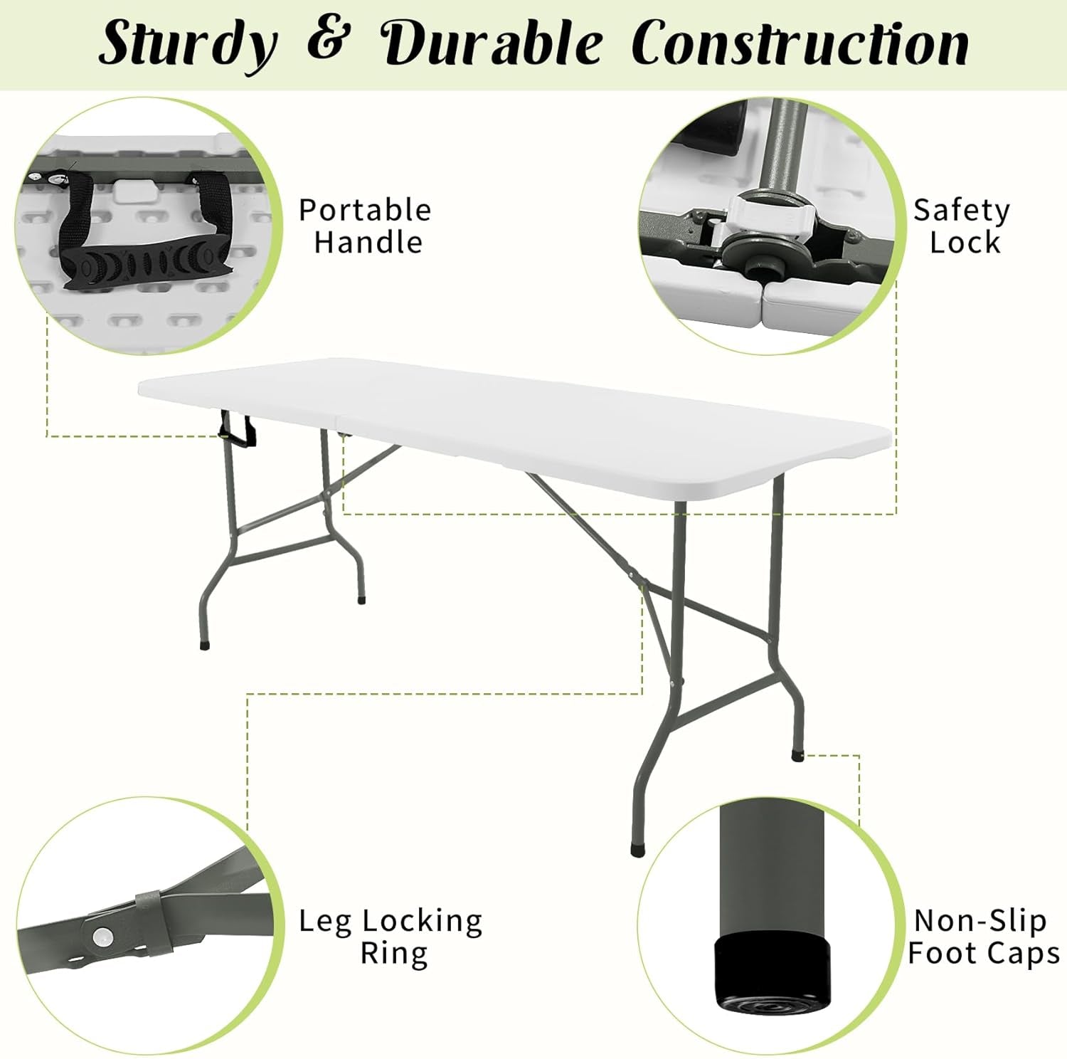 2 Pack 6 FT Folding Tables White Foldable Table, Fold-In-Half with Carrying Handle Portable Plastic Rectangular Table for Party, Dining, Wedding, Camping, Picnic, Indoor Outdoor Events