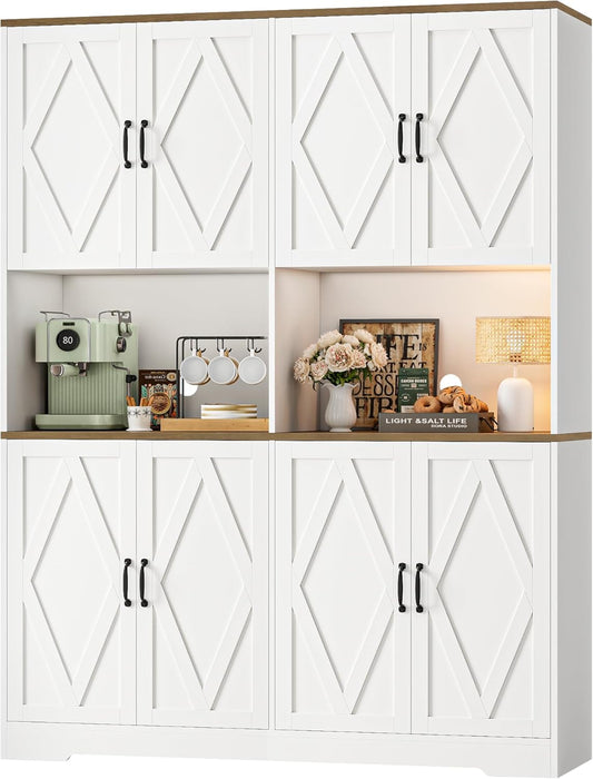 71" Tall Pantry Cabinet, 55" Wide Kitchen Pantry Storage Cabinet, Large Kitchen Hutch with 2 Microwave Stands, Farmhouse Coffee Bar Station with Doors and Shelves for Dining Room, White