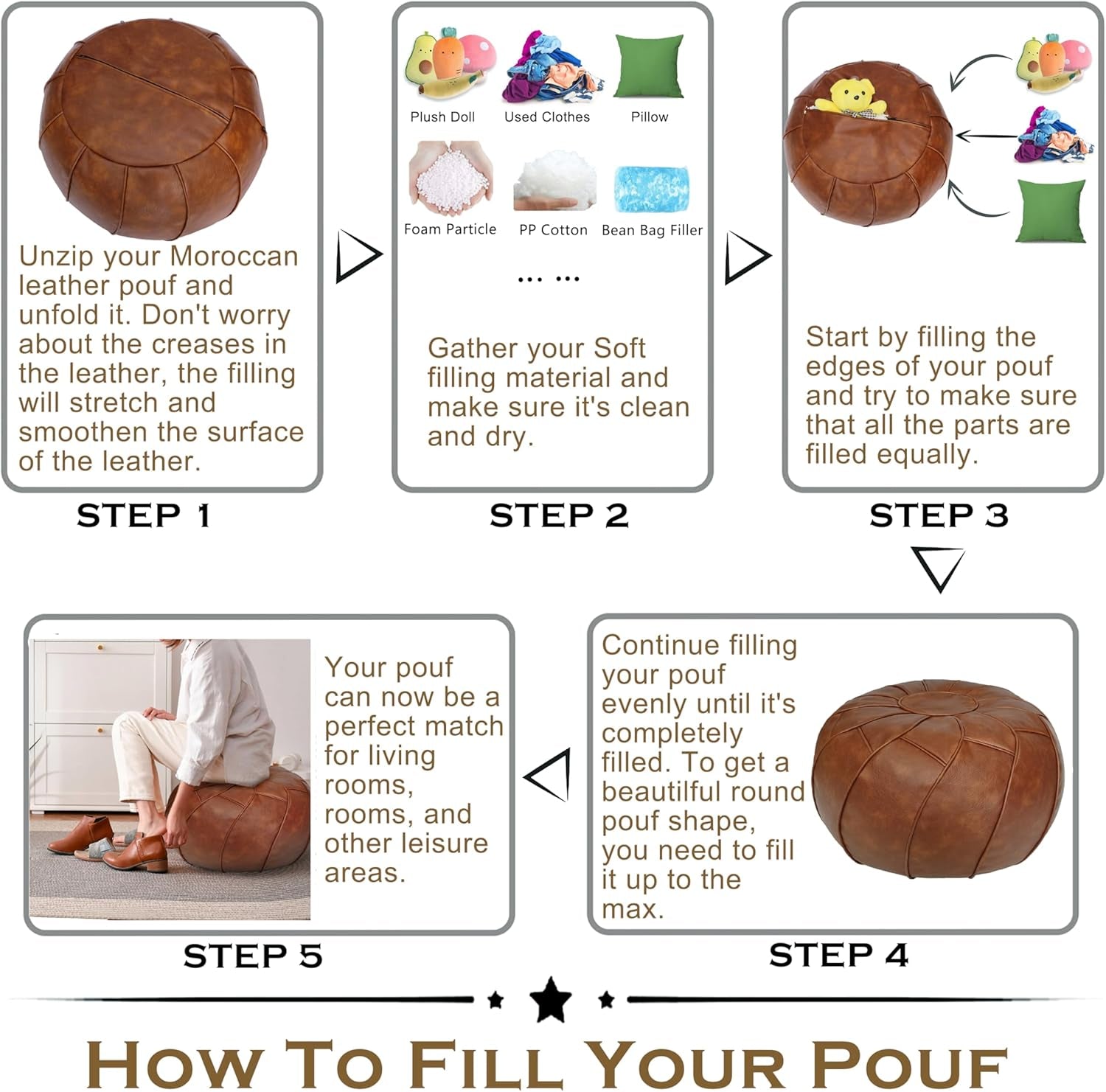 round Unstuffed Pouf Cover, Leather Foot Stool Ottoman with Storage, Bean Bag Floor Chair, Multi Functional Footrest for Living Room, Bedroom or Balcony (Brown)