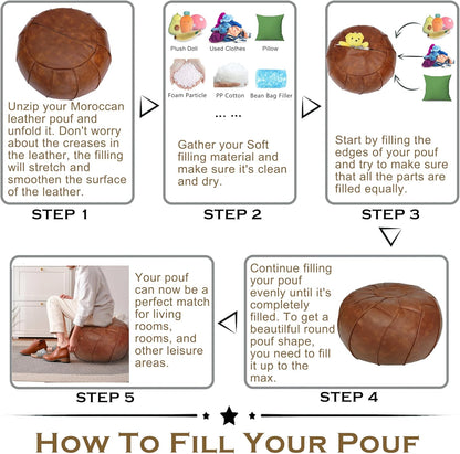 round Unstuffed Pouf Cover, Leather Foot Stool Ottoman with Storage, Bean Bag Floor Chair, Multi Functional Footrest for Living Room, Bedroom or Balcony (Brown)