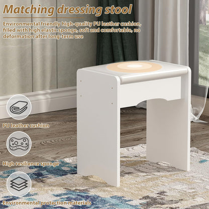 Vanity Set with Rectangular Mirror, Makeup Vanity Dressing Table with 5 Drawers, Shelves, Dresser Desk and Cushioned Stool Set (B White/Lighted Mirror)