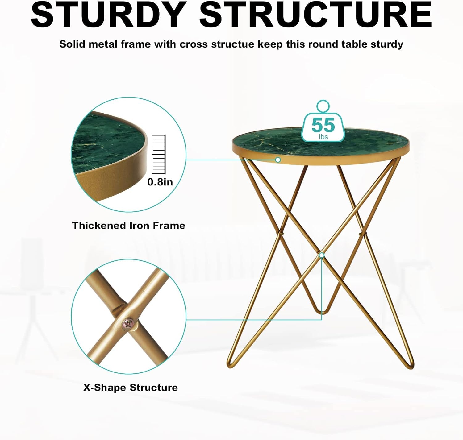 Modern round Side Table, End Table with Marble Effect Top and Gold Metal Frame, Small Side Table for Living Room, Bedroom, Sofa and Couch, Gold Legs, Green Marble Top