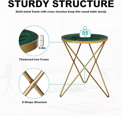 Modern round Side Table, End Table with Marble Effect Top and Gold Metal Frame, Small Side Table for Living Room, Bedroom, Sofa and Couch, Gold Legs, Green Marble Top