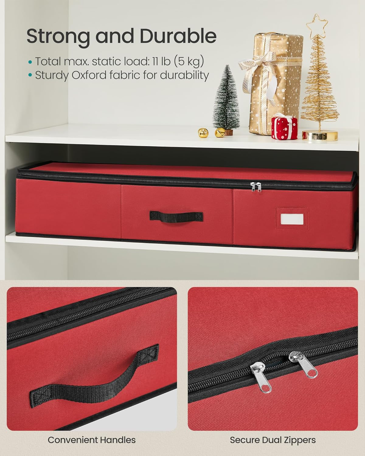 Christmas Ornament Storage Box, 96 Slots of 3 Inches, 38 X 13.2 X 6.9 Inches, Bauble Storage Box with Dividers, Oxford Fabric, Zippers, Side Handles, under the Bed, Cherry Red URFB042R01