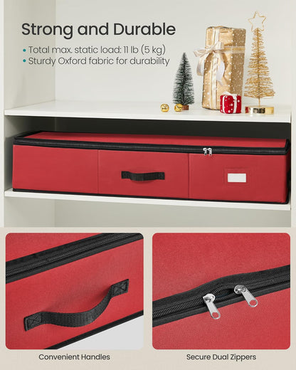 Christmas Ornament Storage Box, 96 Slots of 3 Inches, 38 X 13.2 X 6.9 Inches, Bauble Storage Box with Dividers, Oxford Fabric, Zippers, Side Handles, under the Bed, Cherry Red URFB042R01