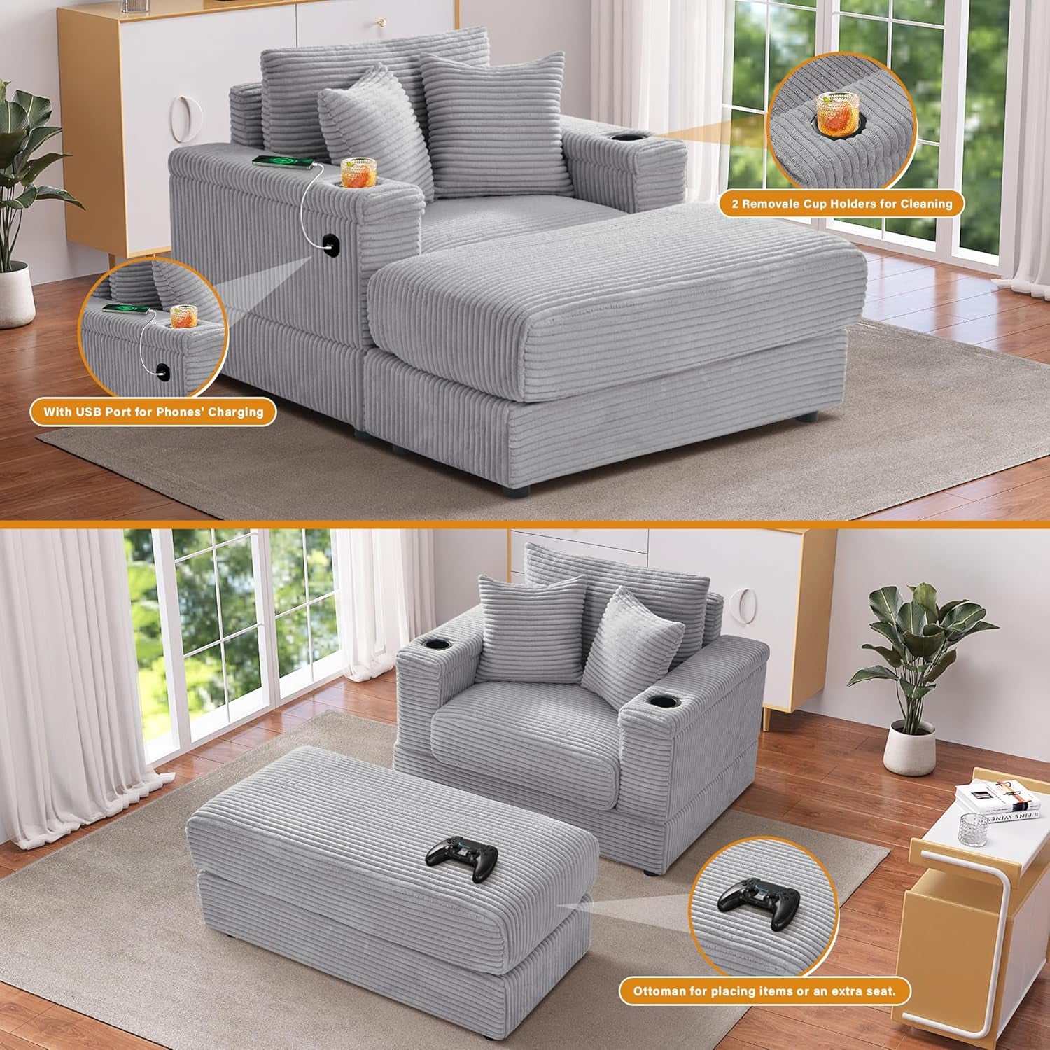 Oversized Chaise Lounge Chair Indoor with USB, Cup Holder & Ottoman, Firm Solid Wood Frame with Long Service Life Corduroy Oversized Lounge Reading Chair for Study Room - Grey