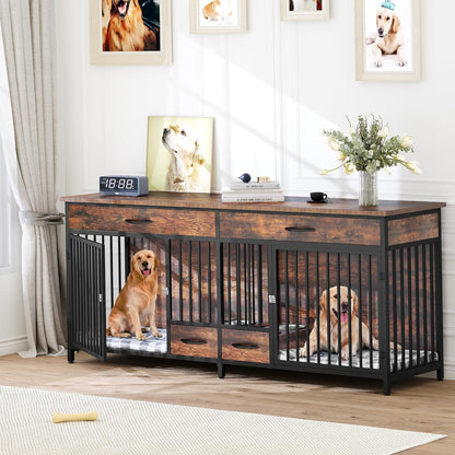 91.3" Double Dog Crate Furniture with Dog Feeder, Heavy Duty Indoor Dog Kennel TV Stand with Drawers, Sturdy Dog Kennel with Divider for 2 Medium Large Dogs, Brown