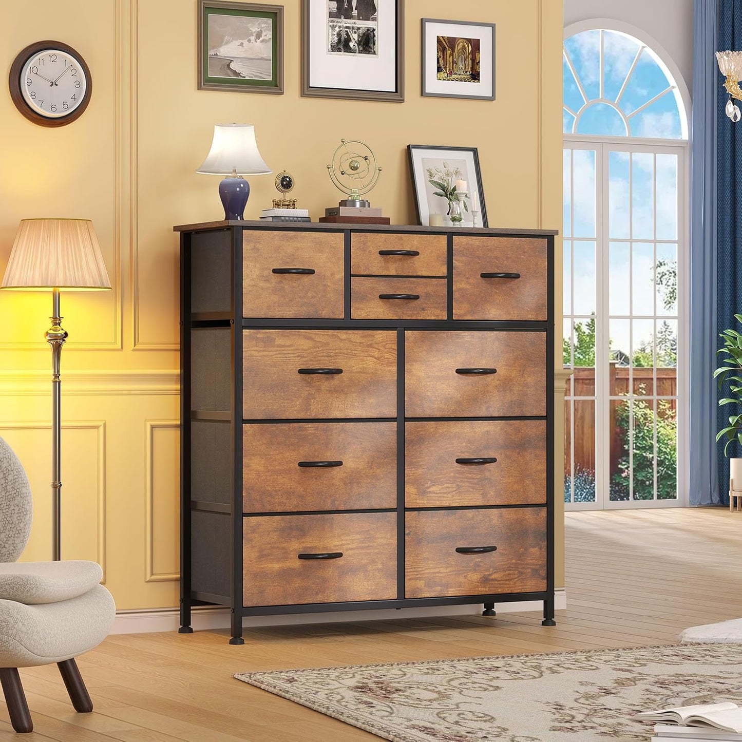 Dresser with 10 Drawers - Fabric Storage Tower, Organizer Unit for Living Room, Hallway - Sturdy Steel Frame, Wooden Top & Easy Pull Fabric Bins