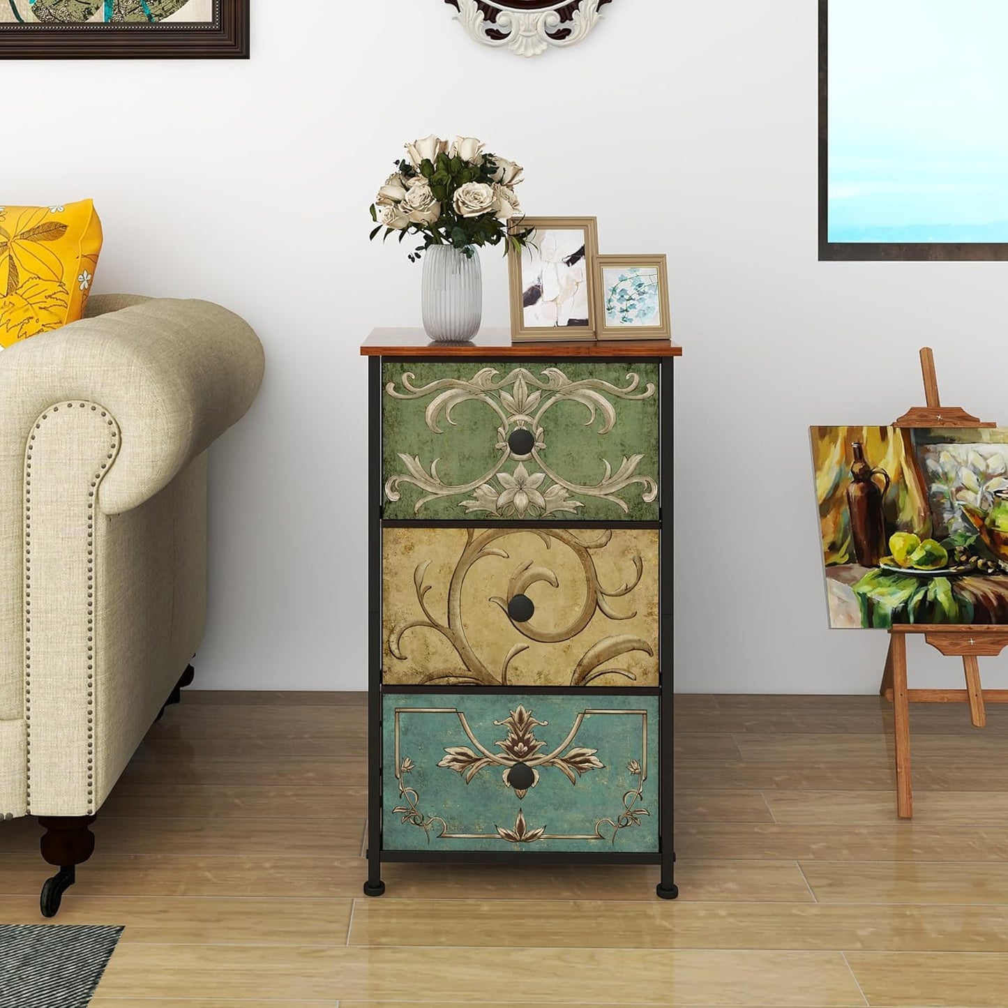 Small Dresser for Bedroom with Retro Flower Narrow Drawers Slim Chest of Drawers Skinny Nightstand Sofa End Table for Living Room Entryway Closet Storage (Multi, 3 Drawers)