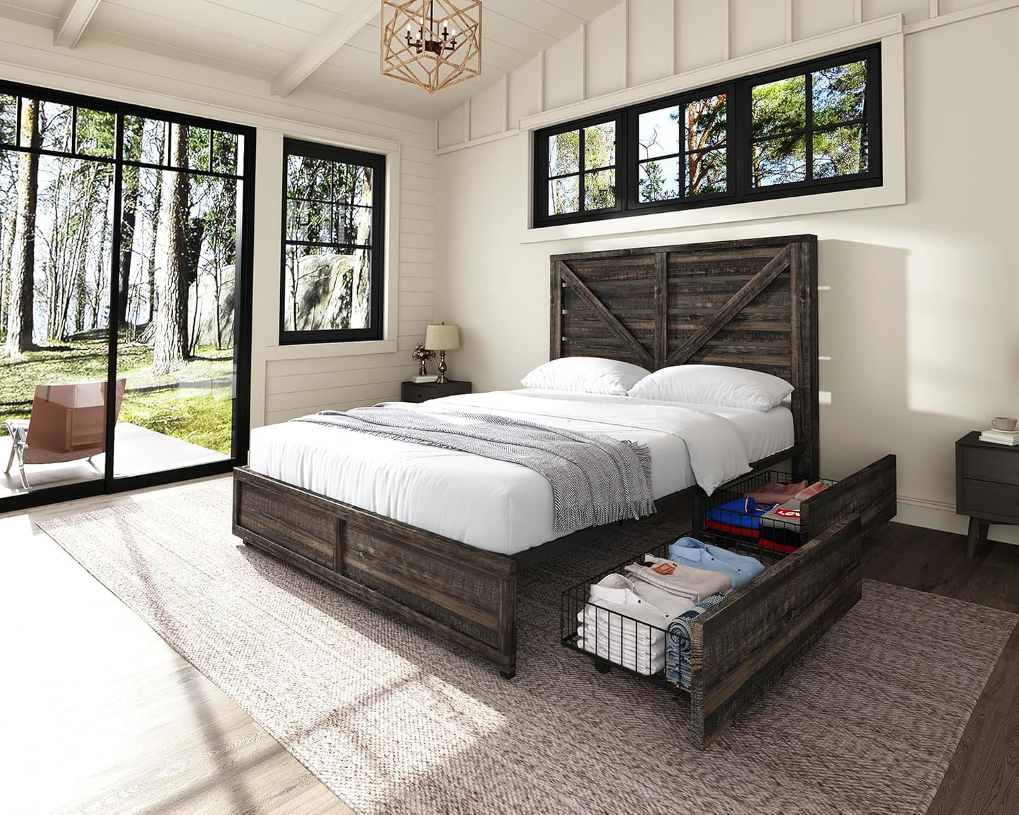 Farmhouse Bed Frame with 4 Drawers, Wooden Storage Bed Frame with Headboard and Heavy Duty Metal Slats, Noisy Free, Easy Assemble (Rustic Black, Queen)