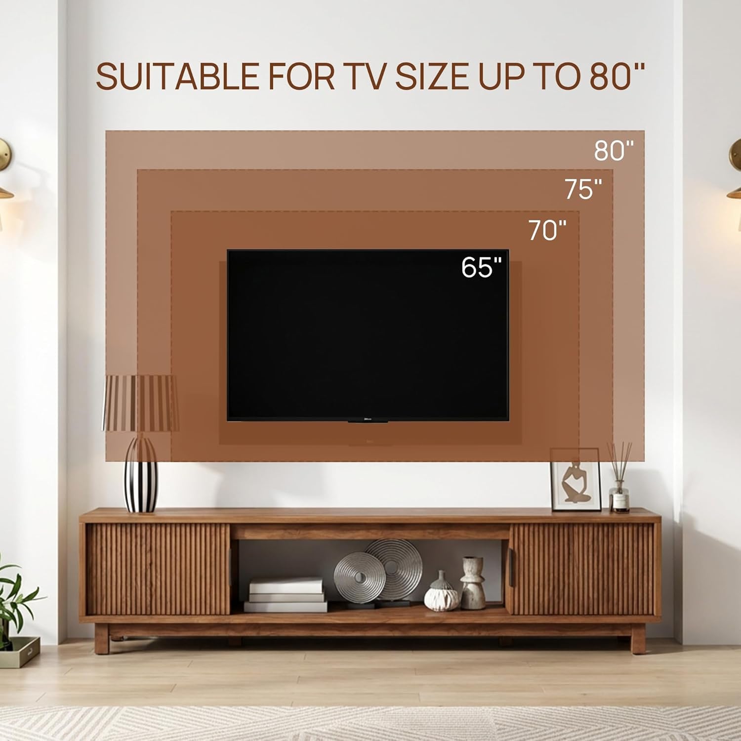 Fluted TV Stands for Living Room, 70" Mid Century Modern Entertainment Center with Storage, Brown Walnut TV Console for 65/75/80 Inch TV, Wood Television Media Cabinet for Bedroom