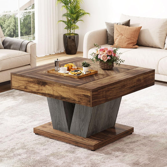 Square Coffee Table, Wood Center Table for Living Room, 31.5" Modern Cocktail Tea Accent Table, Rustic Brown & Black