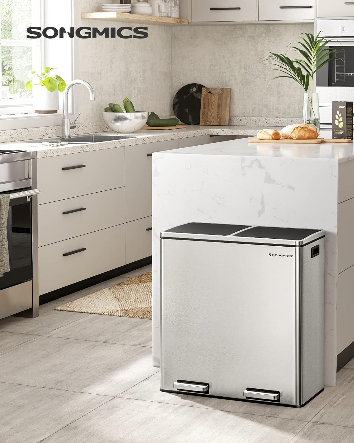 Trash Can, 2 X 8 Gallon (2 X 30 L) Garbage Can for Kitchen, with 15 Trash Bags, 2 Compartments, Plastic Inner Buckets and Hinged Lids, Airtight, Silver and Black ULTB60NL