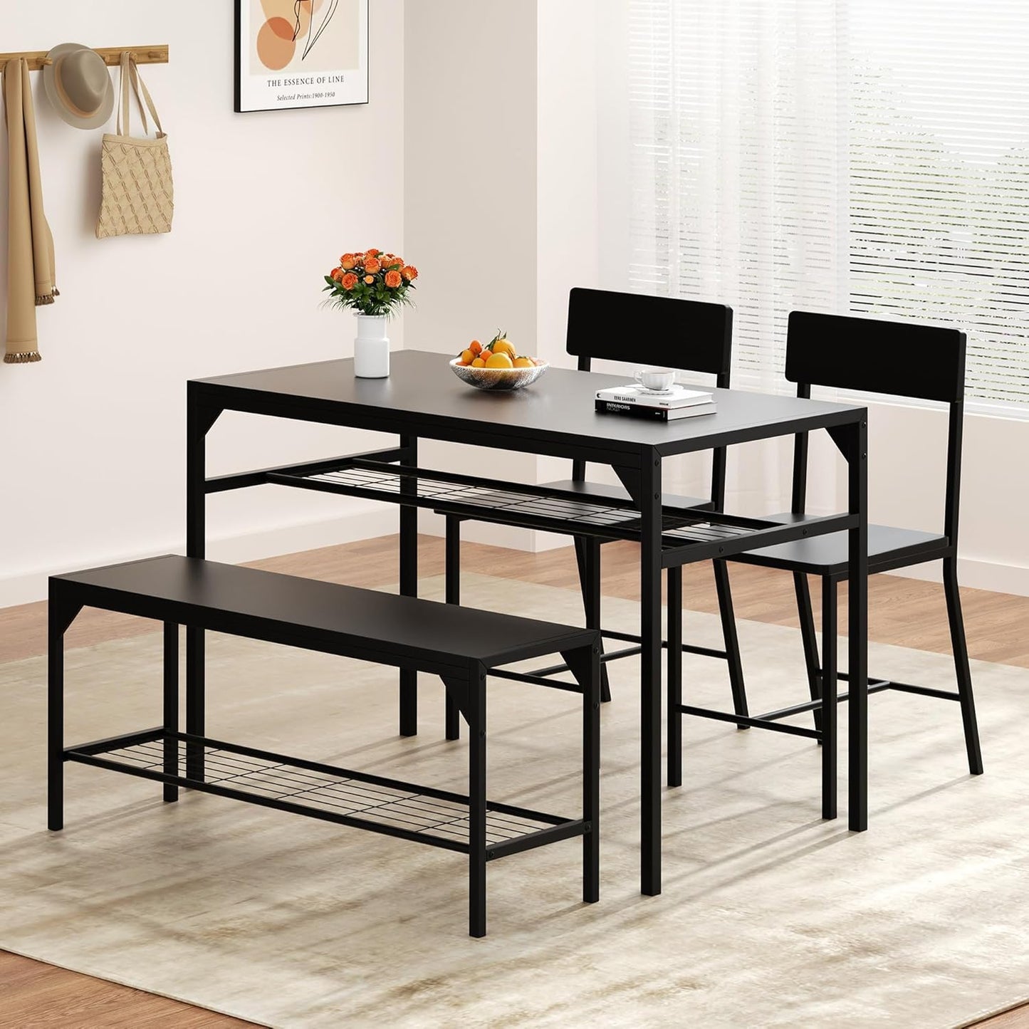 Kitchen Table Chairs Set of 4, Dining Table Set for 4 with Bench and Chairs, 4 Pieces Kitchen Table Set with Storage Rack & Metal Frame for Small Space, Black