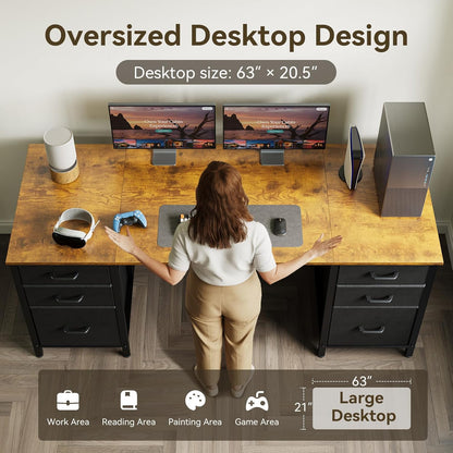 63 Inch Computer Desk with File Drawers Cabinet, Modern Office Desk with Large Storage for Home Office, Study, Gaming, Vintage