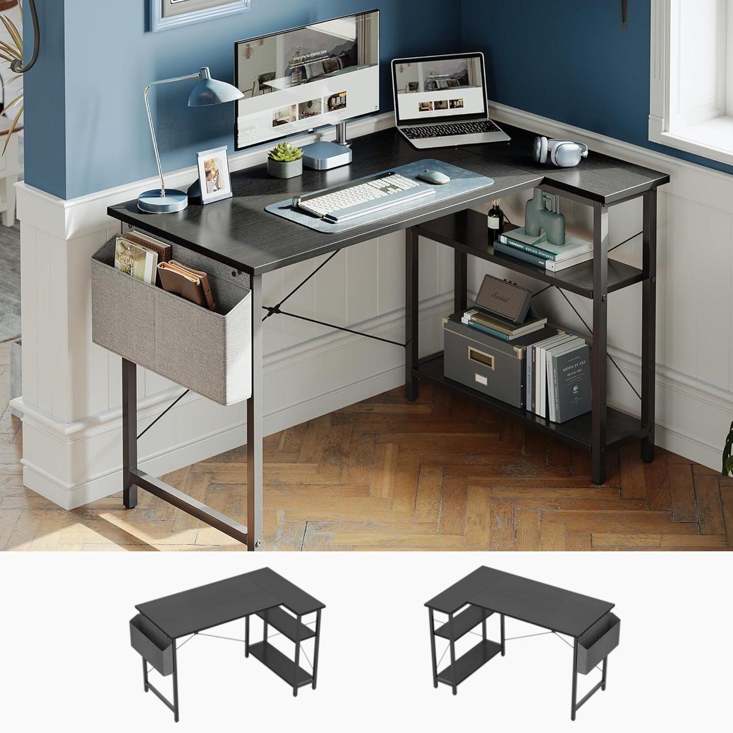 L Shaped Desk, 40" Computer Desk with Reversible Storage Shelves Home Office Corner Desk Study Writing Gaming Table, Pure Black